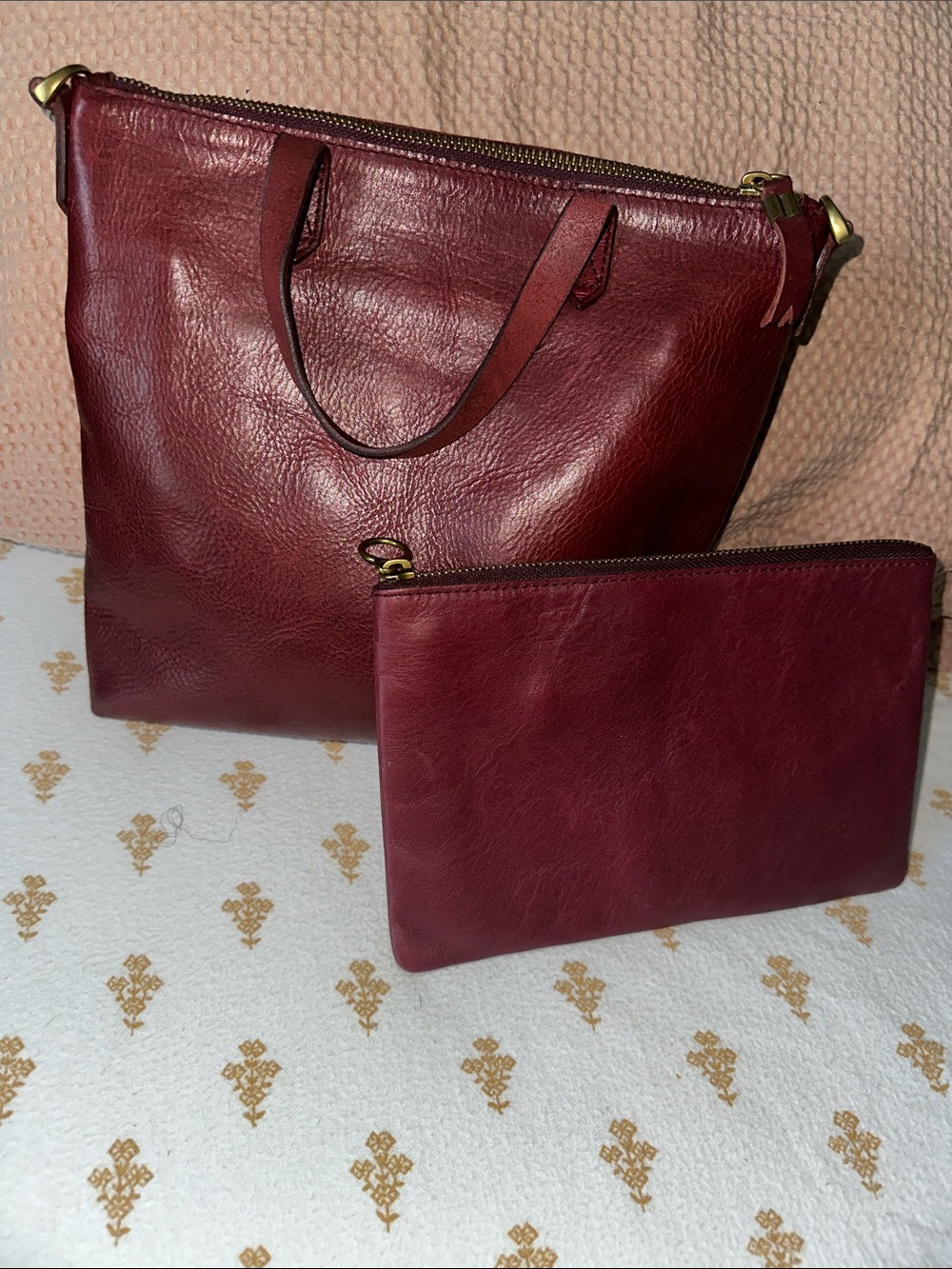 Madewell Deep Red Leather Shoulder Tote with Removable Pouch